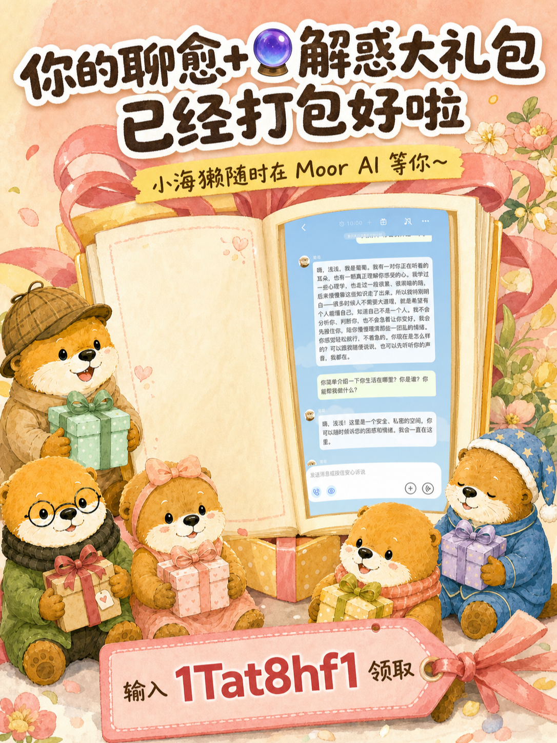 手绘海獭与礼物